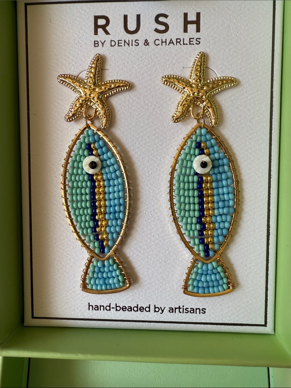 RUSH Hand-Beaded Blue/Green Fish Drop Earrings by Denis & Charles